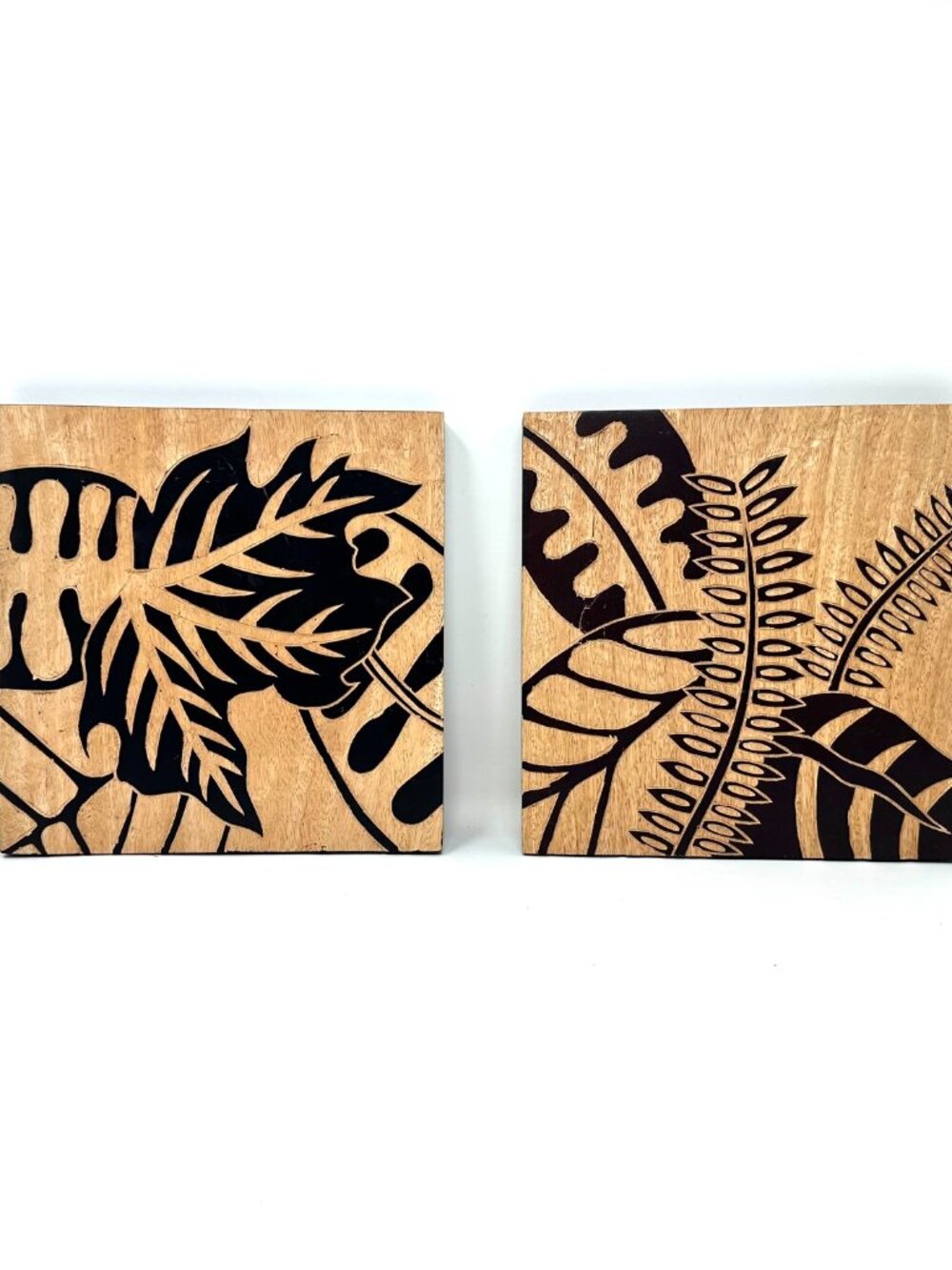 2 Wood Relief Square Wall Art Botanical Tropical Pattern Very Pretty!
